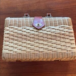 Vintage Woven Straw Box Clutch with Brown Leather Tab